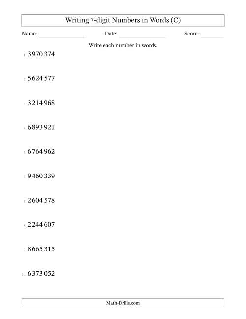 The Writing 7-digit Numbers in Words (SI Format) (C) Math Worksheet