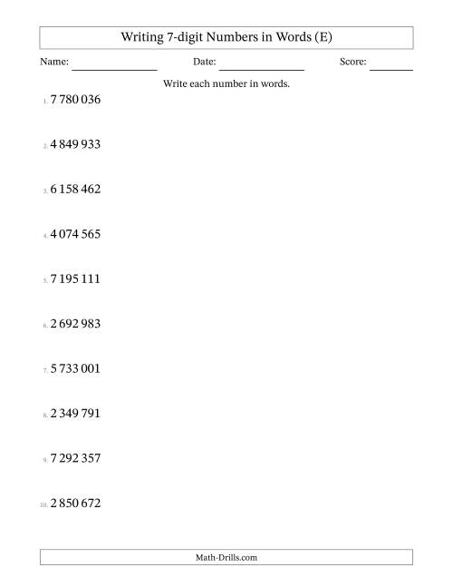 The Writing 7-digit Numbers in Words (SI Format) (E) Math Worksheet