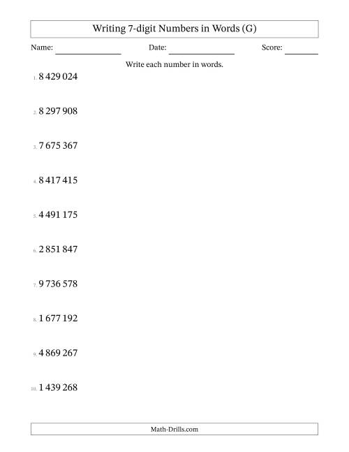 The Writing 7-digit Numbers in Words (SI Format) (G) Math Worksheet