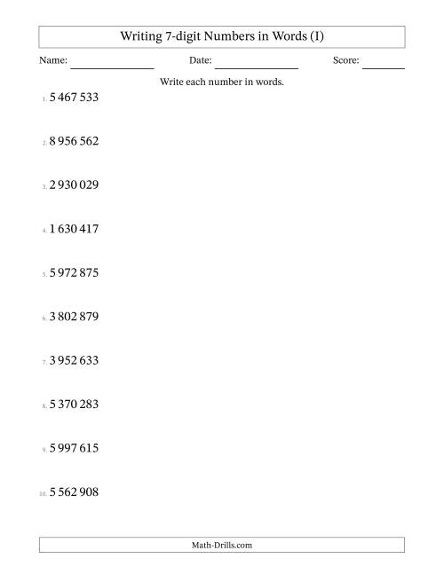 The Writing 7-digit Numbers in Words (SI Format) (I) Math Worksheet