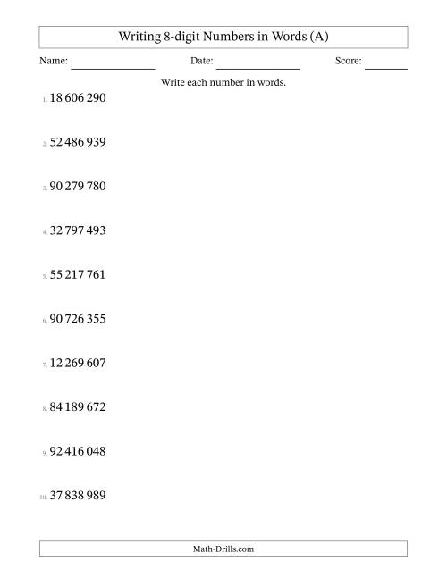 The Writing 8-digit Numbers in Words (SI Format) (A) Math Worksheet