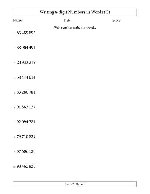The Writing 8-digit Numbers in Words (SI Format) (C) Math Worksheet
