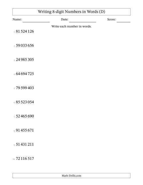 The Writing 8-digit Numbers in Words (SI Format) (D) Math Worksheet