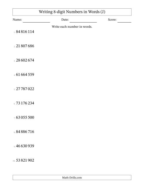 The Writing 8-digit Numbers in Words (SI Format) (J) Math Worksheet