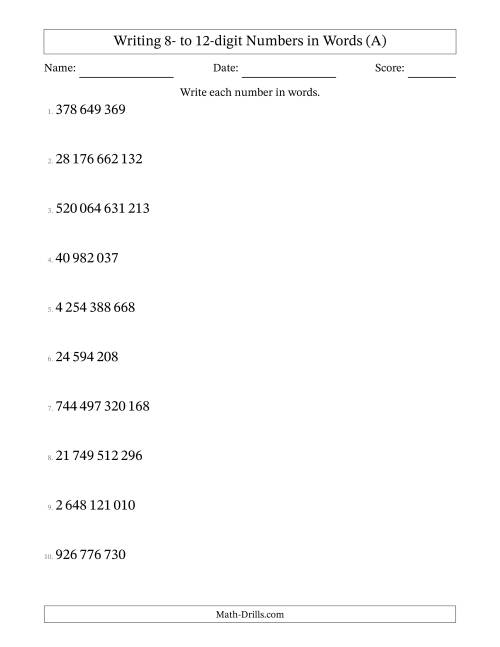 The Writing 8- to 12-digit Numbers in Words (SI Format) (A) Math Worksheet