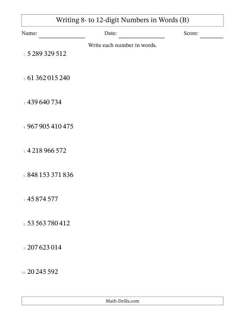 The Writing 8- to 12-digit Numbers in Words (SI Format) (B) Math Worksheet