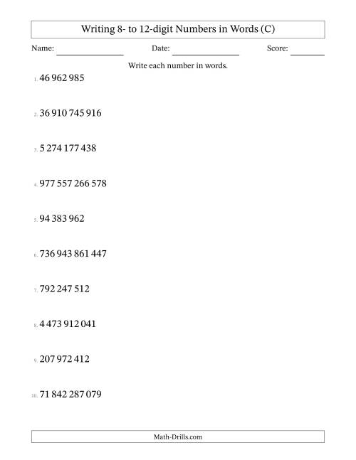 The Writing 8- to 12-digit Numbers in Words (SI Format) (C) Math Worksheet
