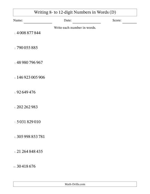 The Writing 8- to 12-digit Numbers in Words (SI Format) (D) Math Worksheet