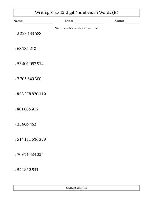 The Writing 8- to 12-digit Numbers in Words (SI Format) (E) Math Worksheet