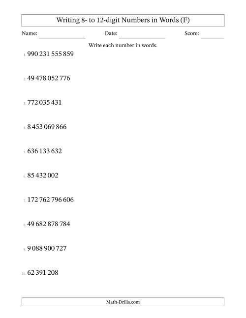 The Writing 8- to 12-digit Numbers in Words (SI Format) (F) Math Worksheet
