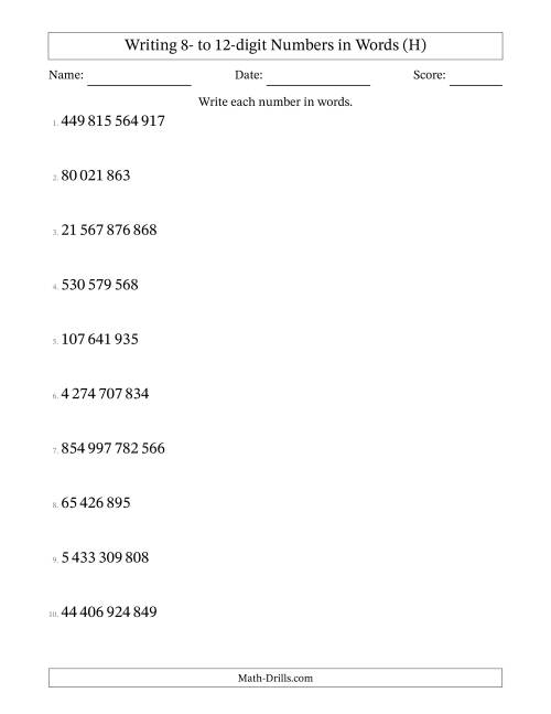 The Writing 8- to 12-digit Numbers in Words (SI Format) (H) Math Worksheet