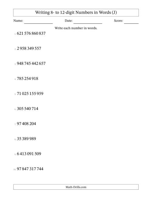 The Writing 8- to 12-digit Numbers in Words (SI Format) (J) Math Worksheet