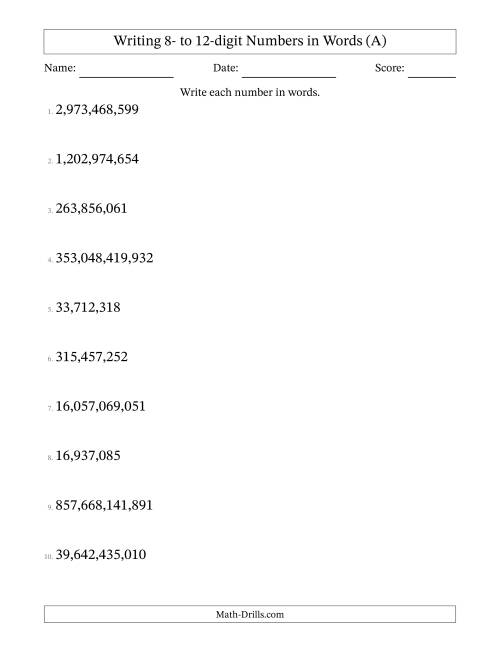 The Writing 8- to 12-digit Numbers in Words (A) Math Worksheet