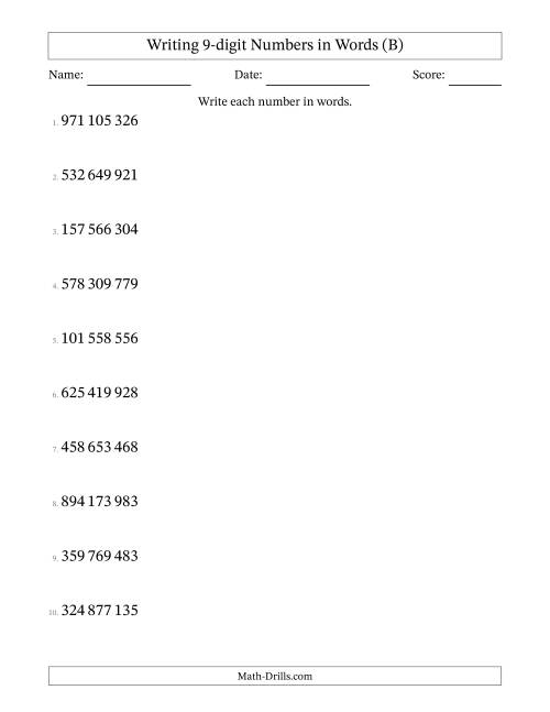 The Writing 9-digit Numbers in Words (SI Format) (B) Math Worksheet