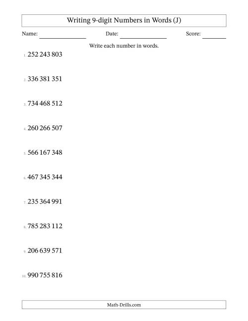The Writing 9-digit Numbers in Words (SI Format) (J) Math Worksheet