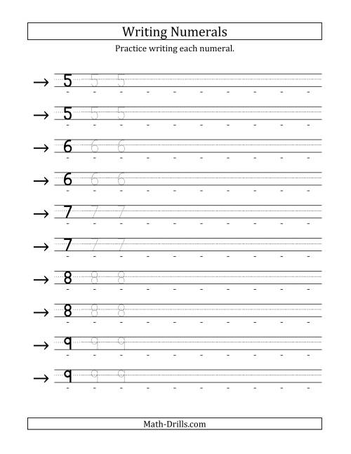 The Practice Writing The Numerals from 5 to 9 Math Worksheet