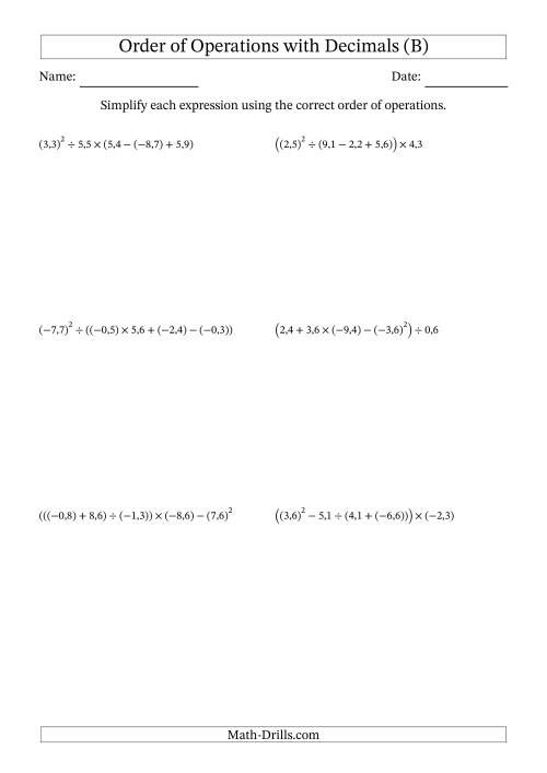 The Order of Operations with Negative and Positive Decimals (Five Steps; Comma Decimal Format) (B) Math Worksheet