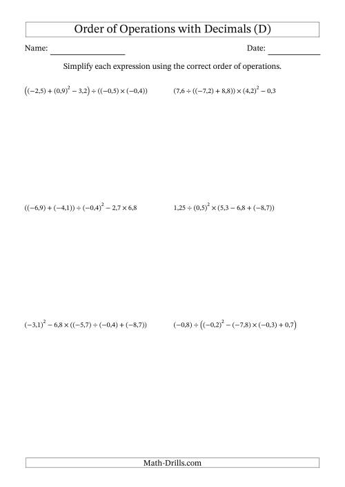 The Order of Operations with Negative and Positive Decimals (Five Steps; Comma Decimal Format) (D) Math Worksheet