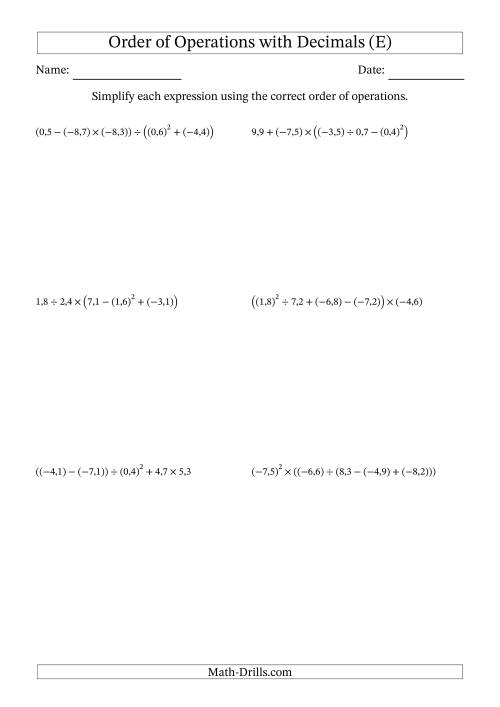 The Order of Operations with Negative and Positive Decimals (Five Steps; Comma Decimal Format) (E) Math Worksheet