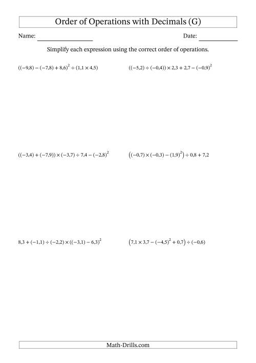 The Order of Operations with Negative and Positive Decimals (Five Steps; Comma Decimal Format) (G) Math Worksheet