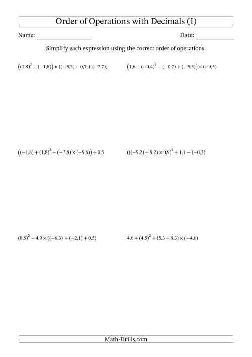 The Order of Operations with Negative and Positive Decimals (Five Steps; Comma Decimal Format) (I) Math Worksheet