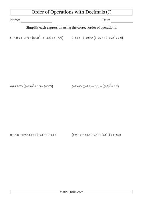 The Order of Operations with Negative and Positive Decimals (Five Steps; Comma Decimal Format) (J) Math Worksheet