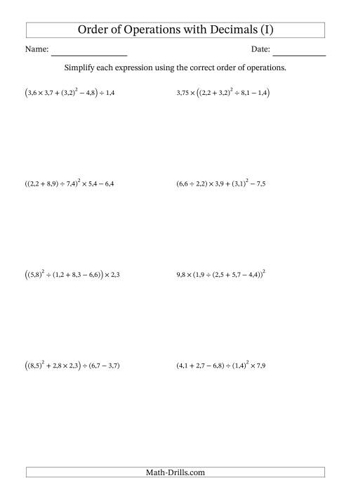 The Order of Operations with Positive Decimals (Five Steps; Comma Decimal Format) (I) Math Worksheet