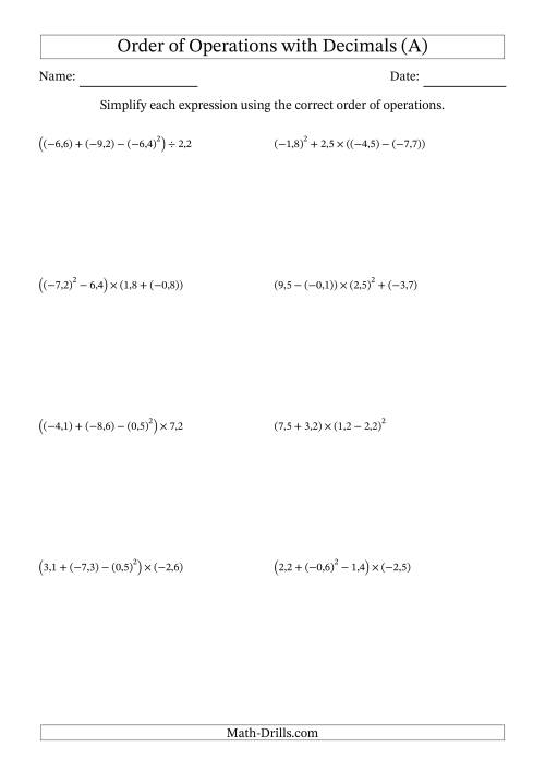 The Order of Operations with Negative and Positive Decimals (Four Steps; Comma Decimal Format) (A) Math Worksheet