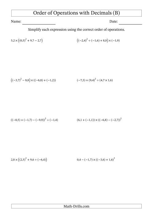 The Order of Operations with Negative and Positive Decimals (Four Steps; Comma Decimal Format) (B) Math Worksheet