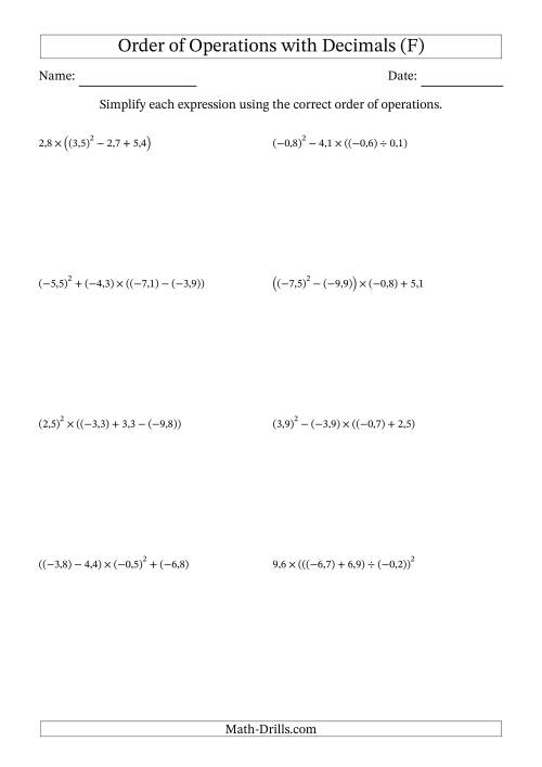 The Order of Operations with Negative and Positive Decimals (Four Steps; Comma Decimal Format) (F) Math Worksheet