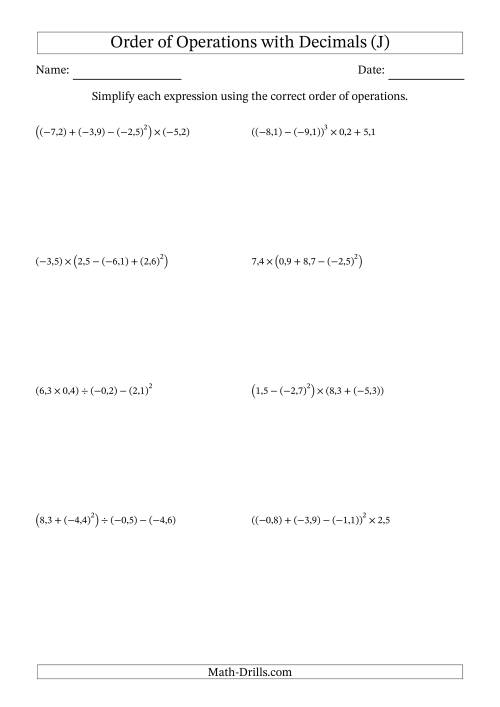 The Order of Operations with Negative and Positive Decimals (Four Steps; Comma Decimal Format) (J) Math Worksheet