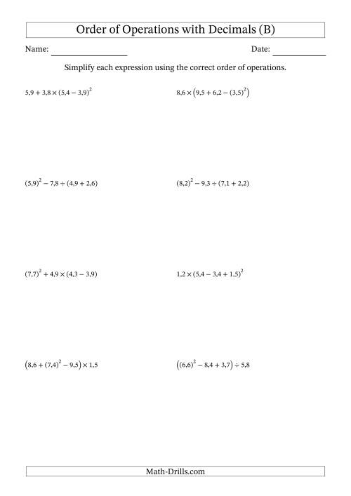 The Order of Operations with Positive Decimals (Four Steps; Comma Decimal Format) (B) Math Worksheet