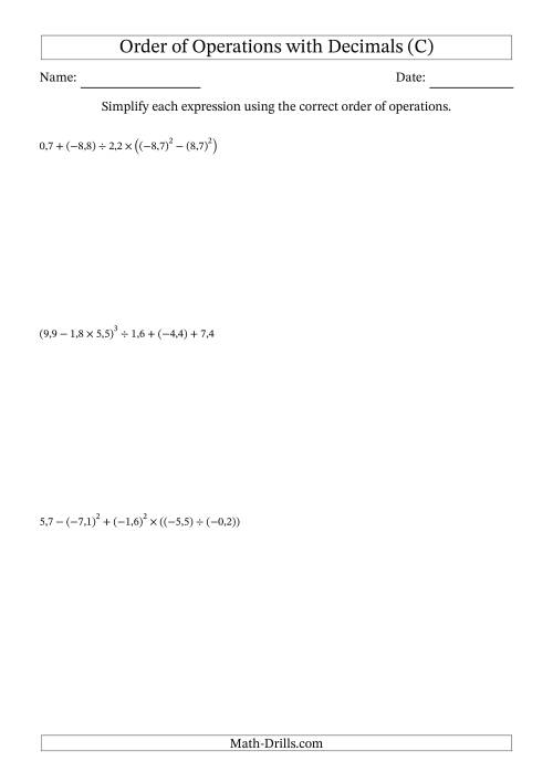 The Order of Operations with Negative and Positive Decimals (Six Steps; Comma Decimal Format) (C) Math Worksheet