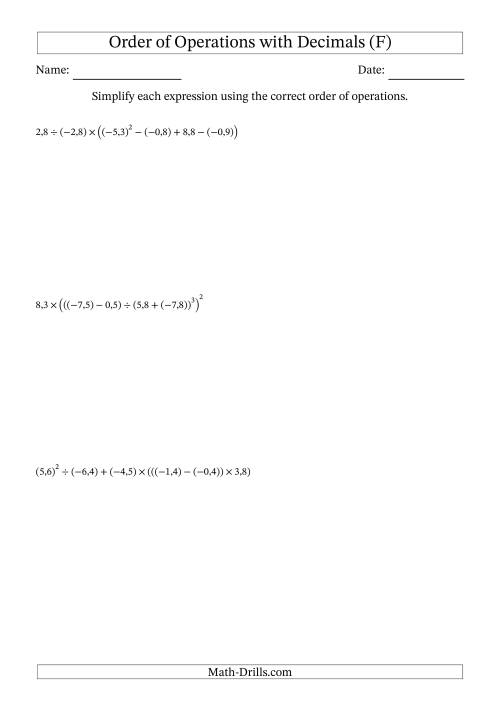 The Order of Operations with Negative and Positive Decimals (Six Steps; Comma Decimal Format) (F) Math Worksheet