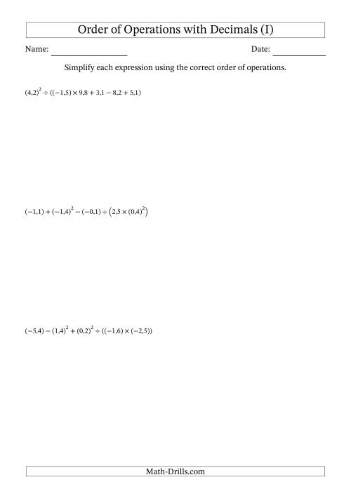 The Order of Operations with Negative and Positive Decimals (Six Steps; Comma Decimal Format) (I) Math Worksheet