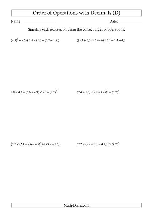 The Order of Operations with Positive Decimals (Six Steps; Comma Decimal Format) (D) Math Worksheet