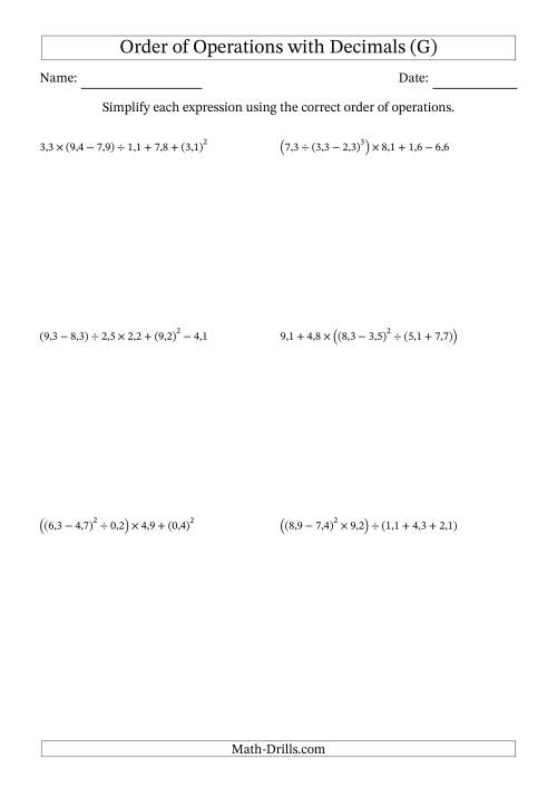 The Order of Operations with Positive Decimals (Six Steps; Comma Decimal Format) (G) Math Worksheet