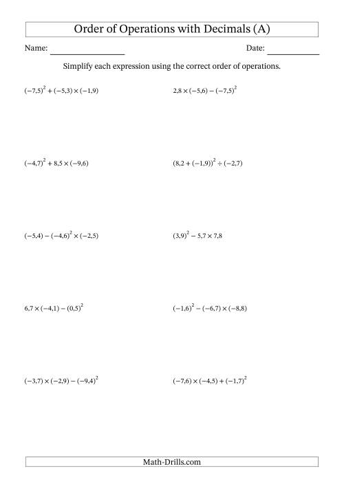 The Order of Operations with Negative and Positive Decimals (Three Steps; Comma Decimal Format) (A) Math Worksheet
