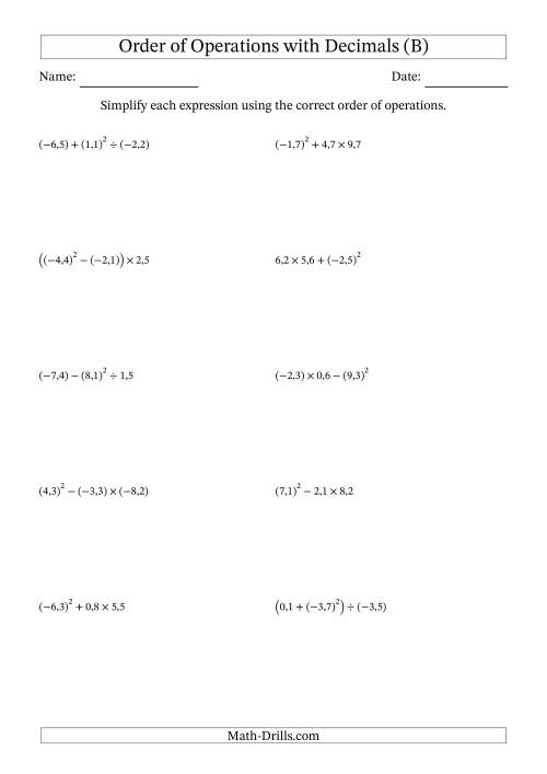 The Order of Operations with Negative and Positive Decimals (Three Steps; Comma Decimal Format) (B) Math Worksheet
