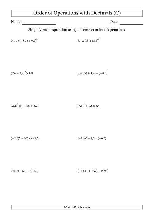 The Order of Operations with Negative and Positive Decimals (Three Steps; Comma Decimal Format) (C) Math Worksheet