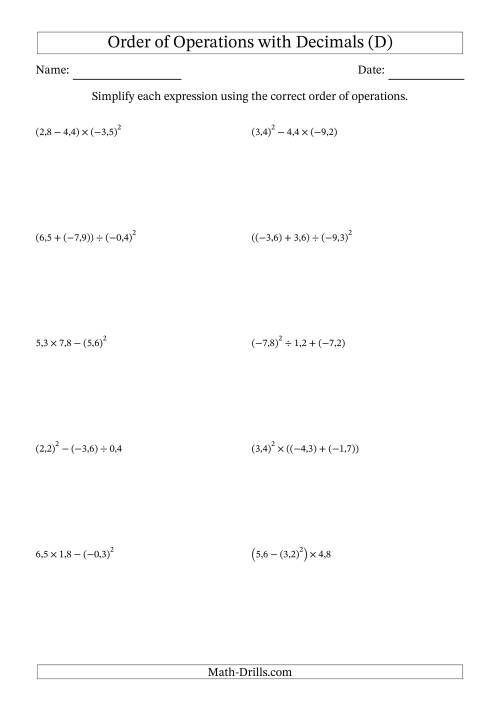 The Order of Operations with Negative and Positive Decimals (Three Steps; Comma Decimal Format) (D) Math Worksheet