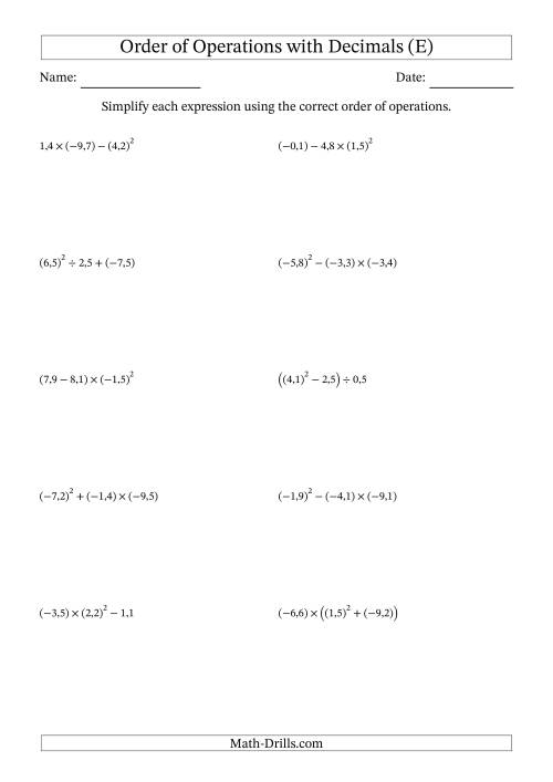 The Order of Operations with Negative and Positive Decimals (Three Steps; Comma Decimal Format) (E) Math Worksheet