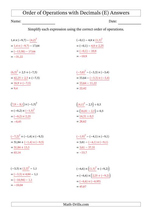 The Order of Operations with Negative and Positive Decimals (Three Steps; Comma Decimal Format) (E) Math Worksheet Page 2