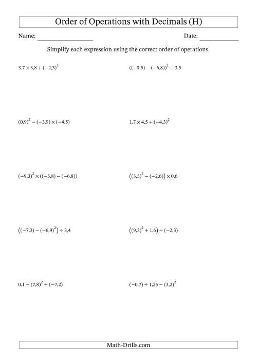 The Order of Operations with Negative and Positive Decimals (Three Steps; Comma Decimal Format) (H) Math Worksheet