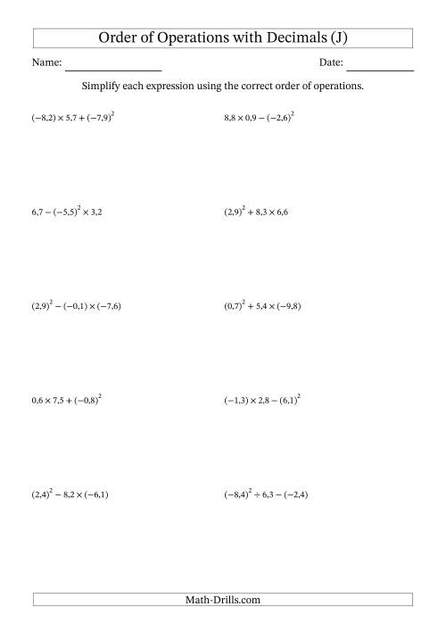 The Order of Operations with Negative and Positive Decimals (Three Steps; Comma Decimal Format) (J) Math Worksheet