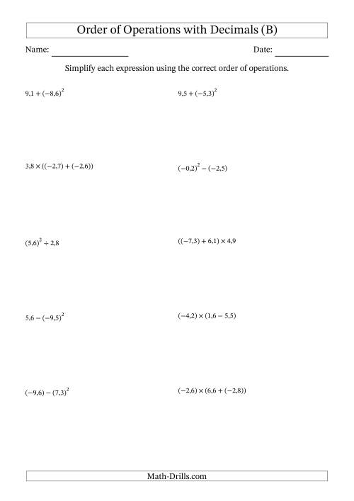 The Order of Operations with Negative and Positive Decimals (Two Steps; Comma Decimal Format) (B) Math Worksheet