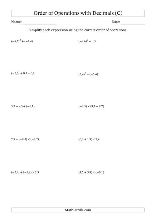 The Order of Operations with Negative and Positive Decimals (Two Steps; Comma Decimal Format) (C) Math Worksheet