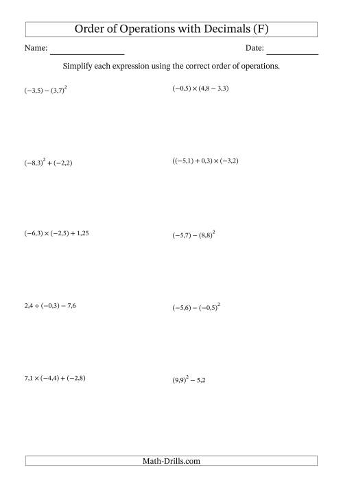 The Order of Operations with Negative and Positive Decimals (Two Steps; Comma Decimal Format) (F) Math Worksheet