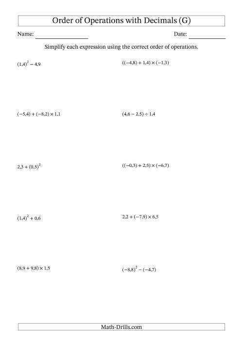 The Order of Operations with Negative and Positive Decimals (Two Steps; Comma Decimal Format) (G) Math Worksheet