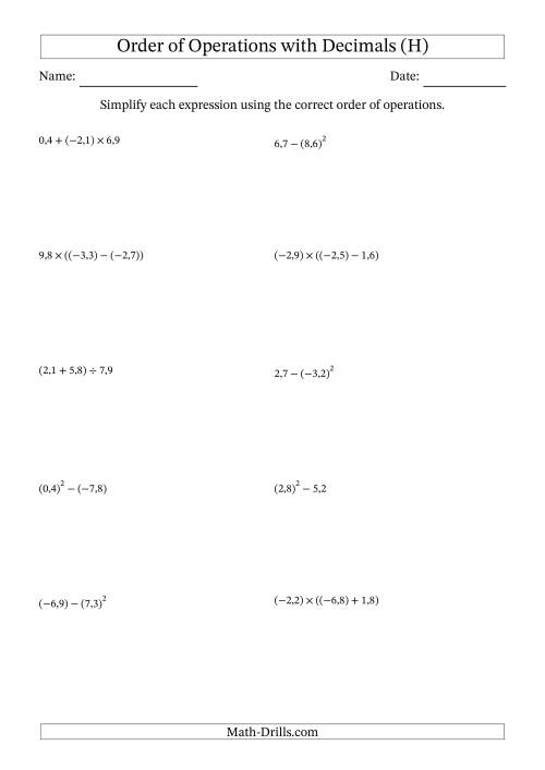 The Order of Operations with Negative and Positive Decimals (Two Steps; Comma Decimal Format) (H) Math Worksheet